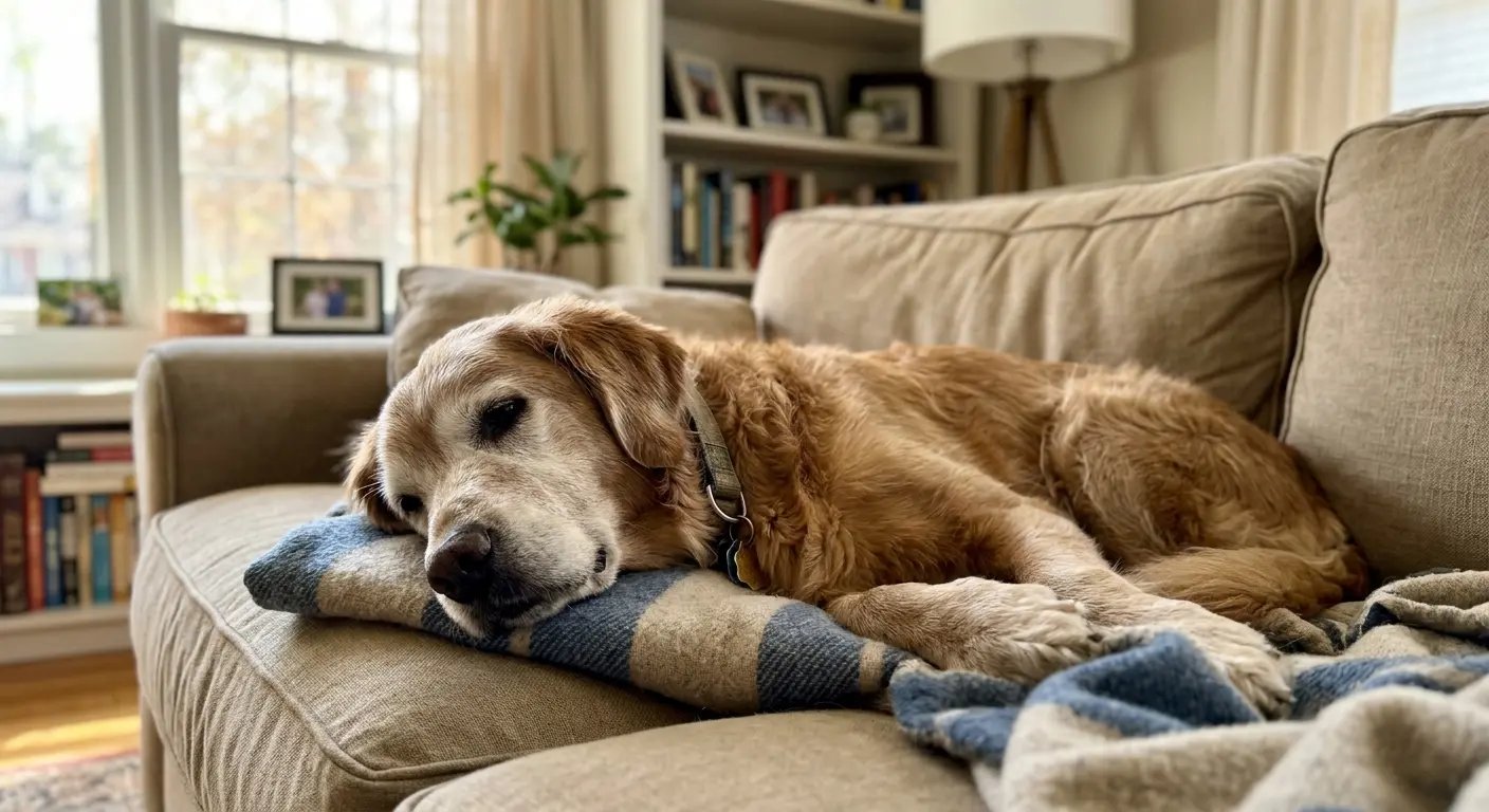 Senior dog resting at home showing signs of premature aging