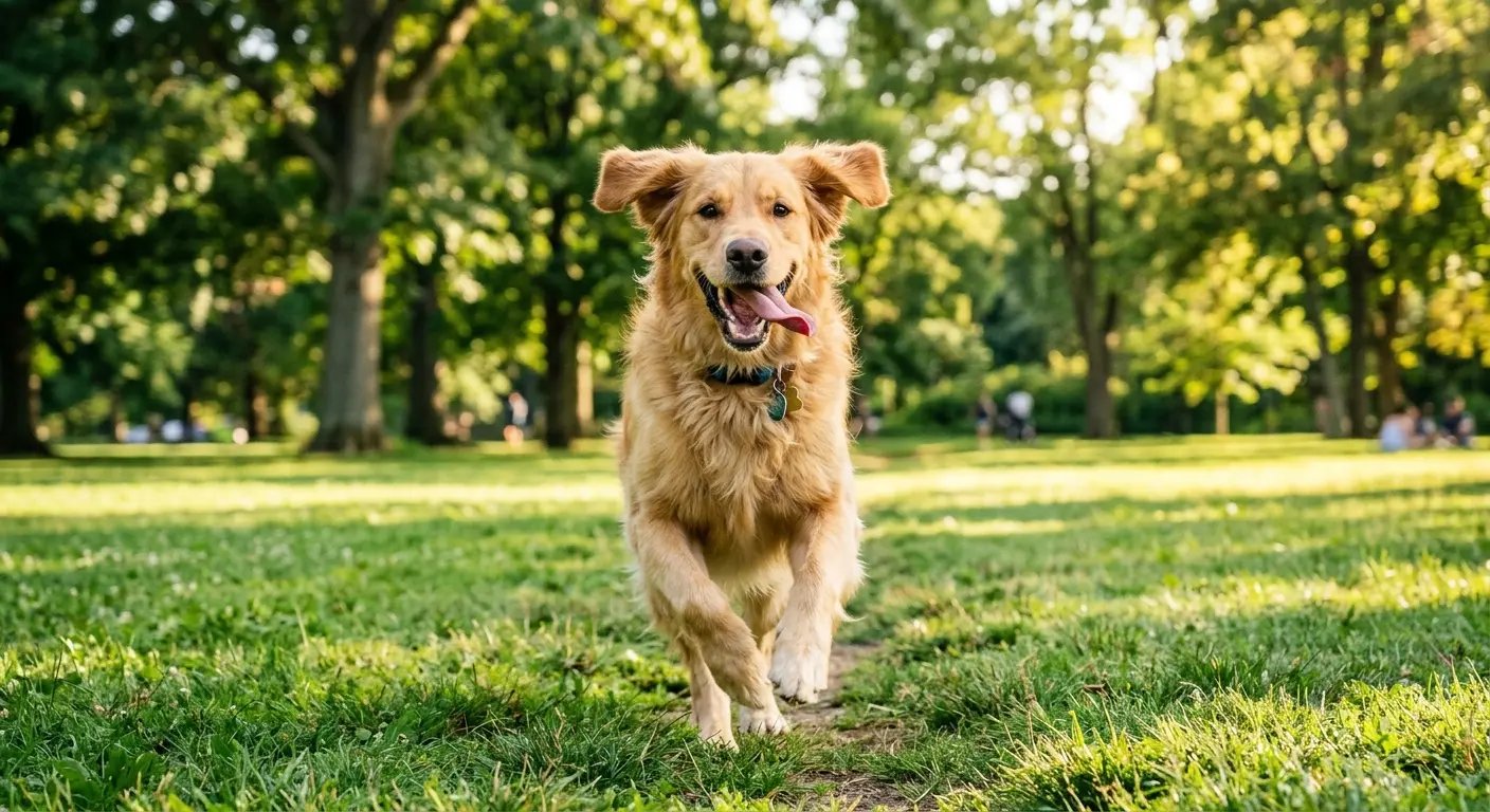 Happy energetic dog running in a park after starting daily multivitamin
